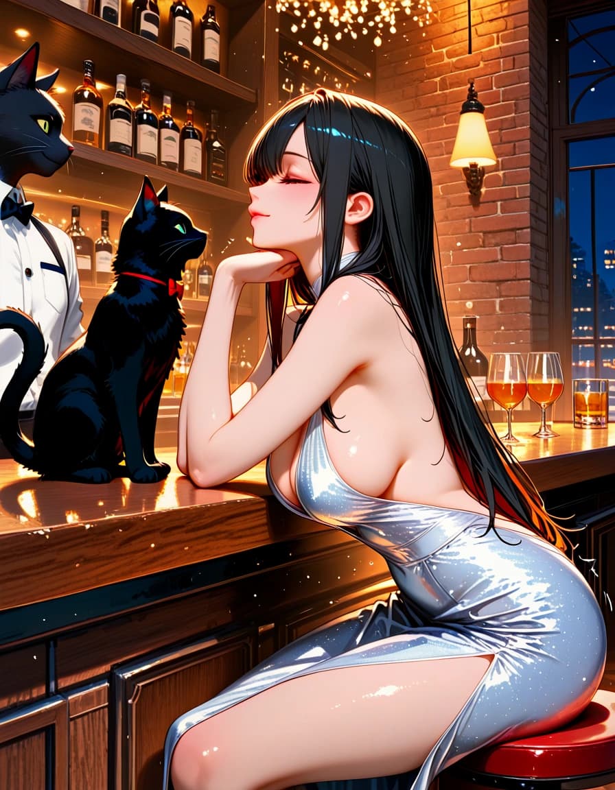 Cat Bartender and Beautiful Woman